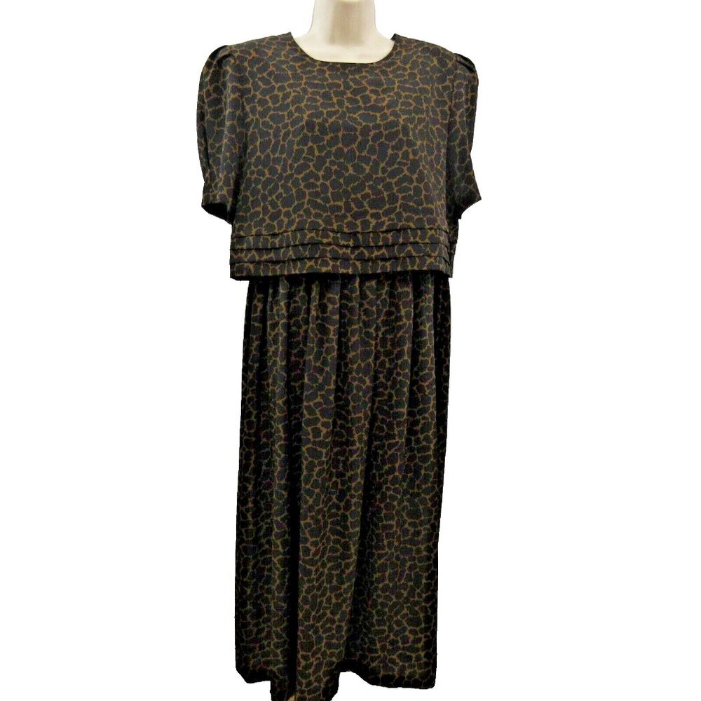 Sag Harbor Midi Dress Womens Size 12 Brown Crew Neck Animal Short Sleeve Flowey